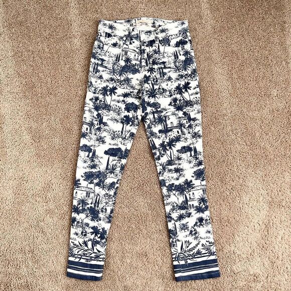 TORY Burch Ivory Frenesi Scenic Toile Tropical Straight Leg Low Rise Jeans 25 - Picture 1 of 6